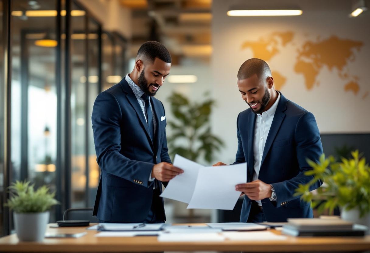 Diverse business owners shaking hands in modern office, representing successful business credit partnerships