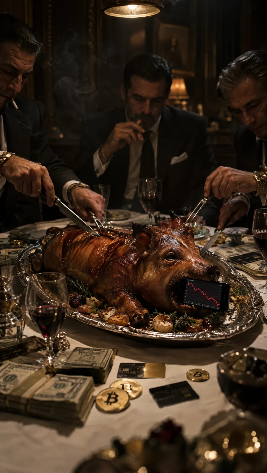 Three men in suits carve a roast pig at a dinner table covered in cash, credit cards and bitcoin coins, with a phone showing a crashing crypto chart in the pig's mouth